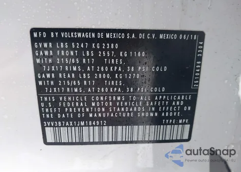 2018 Volkswagen Tiguan 2.0T Se/2.0T Sel from USA, damaged, VIN 3VV3B7AX1JM184912